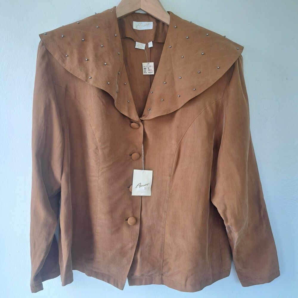Vintage 80's 100% Silk Apart Brown Size XL 18 Studded Long Sleeve Blouse Top